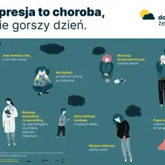 Ilustracja pokazuje ludzi zmagających się z depresją, która nie jest wyborem, a chorobą. Nie widzę sensu życia, ale można ją leczyć.