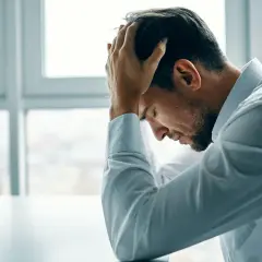 Mężczyzna w białej koszuli z rękami na głowie, pogrążony w myślach, przeżywa kryzys wieku średniego.