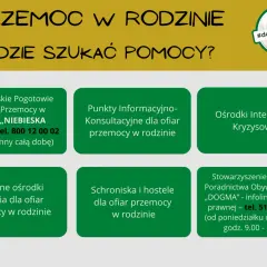 Gdy życie ci niemile, szukaj pomocy! Plakat informuje o miejscach wsparcia dla ofiar przemocy w rodzinie: infolinia, punkty konsultacyjne, ośrodki interwencji, schroniska.