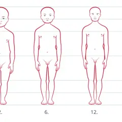 Ilustracja pokazuje fazy rozwoju człowieka od noworodka do 25. roku życia, ukazując zmiany proporcji ciała.
