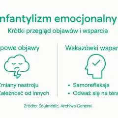 Infantylizm emocjonalny: objawy jak u dziecka u dorosłego (zmiany nastroju, zależność) i wskazówki wsparcia (samorefleksja, terapia).