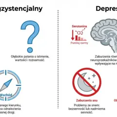 Kryzys egzystencjalny: poszukiwanie sensu życia, zagubienie, pytania o istnienie. Depresja: zaburzenia neuroprzekaźników, snu, obniżony nastrój.