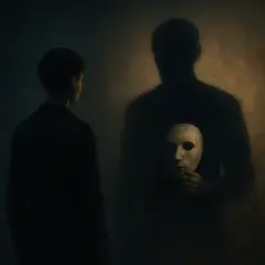 Mężczyzna patrzy na swój cień, który trzyma maskę. To jak spotkanie z cieniem Junga, z ukrytą częścią siebie.
