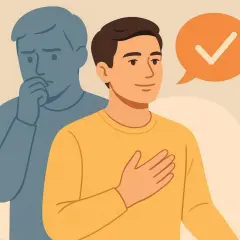 Mężczyzna w żółtej bluzce z ręką na sercu i dymkiem z zaznaczeniem, jak komuś inteligentnie odpowiedzieć. Za nim smutna, szara postać.