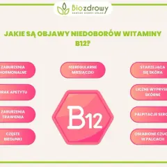 Objawy niedoboru witaminy B12: zaburzenia hormonalne, brak apetytu, biegunki, nieregularne miesiączki, problemy ze skórą, sercem i czuciem w palcach.