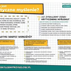 Ulotka wyjaśnia, czym jest krytyczne myślenie i jakie korzyści przynosi. Podkreśla jego znaczenie w edukacji i pokazuje praktyczne sposoby jego rozwijania.