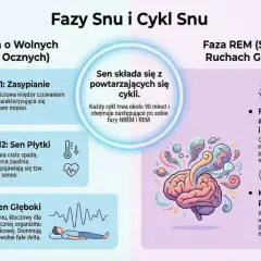 Ilustracja wyjaśnia, jak działa sen, przedstawiając fazy NREM (zasypianie, sen płytki, sen głęboki) i REM (intensywna aktywność mózgu, marzenia senne).
