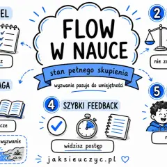 Grafika przedstawia 5 kroków do osiągnięcia stanu "flow w nauce": jasny cel, dobry poziom wyzwania, pełna uwaga, szybki feedback i radość z procesu. Kiedy czujesz flow, nauka wciąga!