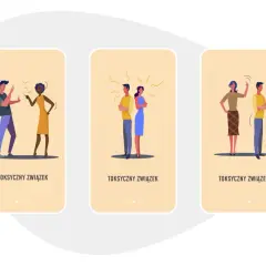 Ilustracje pokazują pary w konflikcie, symbolizujące, że toksyczny facet wraca.