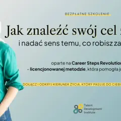 Uśmiechnięta kobieta zaprasza na szkolenie o odnajdywaniu celu w życiu i nadawaniu sensu pracy. Odkryj kierunek życia dopasowany do Ciebie!