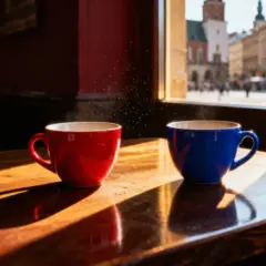 Dwie parujące filiżanki kawy na drewnianym blacie. Czy jestem dla niego koleżanką, czy kimś więcej? Słońce wpada przez okno, oświetlając stolik i tworząc długie cienie.