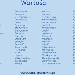 Lista słów kluczowych opisujących wartości w życiu: akceptacja, altruizm, ambicja, asertywność, atrakcyjność, autentyczność, autonomia, balans, bezpieczeństwo, bliskość, bogactwo, bohaterstwo, ciekawość, cierpliwość, czystość, czułość, decyzyjność, del...