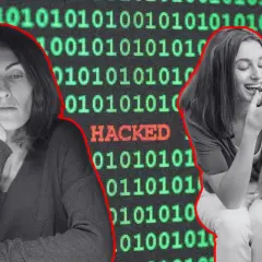 Dwie kobiety na tle kodu binarnego. Jedna znużona, druga je suplementy. Czy to biohacking?