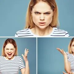 Kto nie panuje nad emocjami? Młoda kobieta w trzech ujęciach: zła, krzycząca i zdziwiona.
