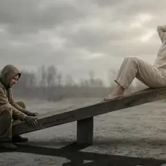 Na huśtawce siedzi kobieta, zrelaksowana, podczas gdy mężczyzna w kapturze, przygnębiony, siedzi niżej. Przeszłość niszczy związek, co symbolizuje nierówność na huśtawce.