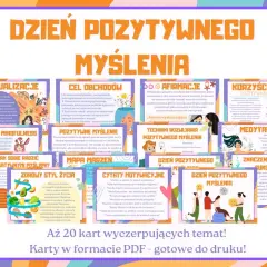 Dzień pozytywnego myślenia: wizualizacje, afirmacje, medytacja i korzyści. Karty PDF do druku.