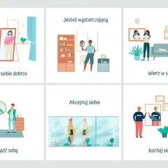 Ilustracje pokazują różne aspekty budowania poczucia własnej wartości: akceptację, wiarę w siebie, traktowanie siebie dobrze, bycie sobą i kochanie siebie.