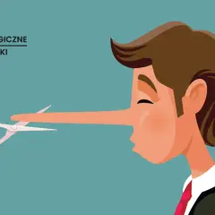 Nożyczki obcinają długi nos mężczyzny, symbolizując osobę, która notorycznie kłamie i próbuje skrócić swoje kłamstwa.