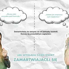 Dwa obrazy mężczyzny: pierwszy zdeterminowany, myślący "Muszę mieć wszystko pod kontrolą", drugi wyczerpany, z rękami na głowie, myślący "Jestem już zmęczony tym napięciem". Zamartwianie się na zapas.