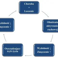 Cykl choroby i leczenia prowadzi do obniżenia aktywności, oszczędzającego trybu życia, co potęguje chroniczne zmęczenie i spadek wydolności.