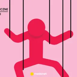 Czerwona postać jak marionetka, sterowana sznurkami, symbolizuje techniki manipulacji psychologicznej.