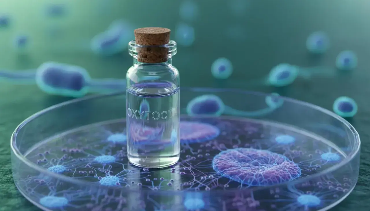 Szklana fiolka z napisem "OXYTOCIN" na tle komórek. Oksytocyna co to? Hormon miłości i więzi.