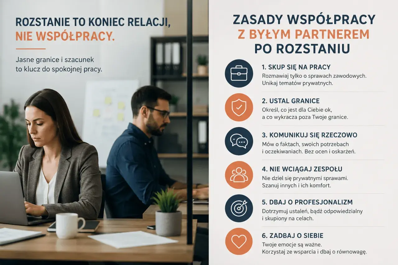 Jak rozmawiać z byłym, by wrócił? Zasady współpracy po rozstaniu: skupienie na pracy, granice, komunikacja rzeczowa, profesjonalizm i dbanie o siebie.