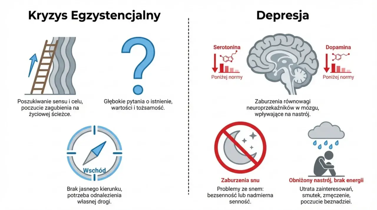 Kryzys egzystencjalny: poszukiwanie sensu życia, zagubienie, pytania o istnienie. Depresja: zaburzenia neuroprzekaźników, snu, obniżony nastrój.