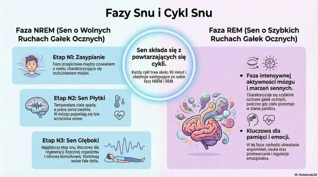 Ilustracja wyjaśnia, jak działa sen, przedstawiając fazy NREM (zasypianie, sen płytki, sen głęboki) i REM (intensywna aktywność mózgu, marzenia senne).