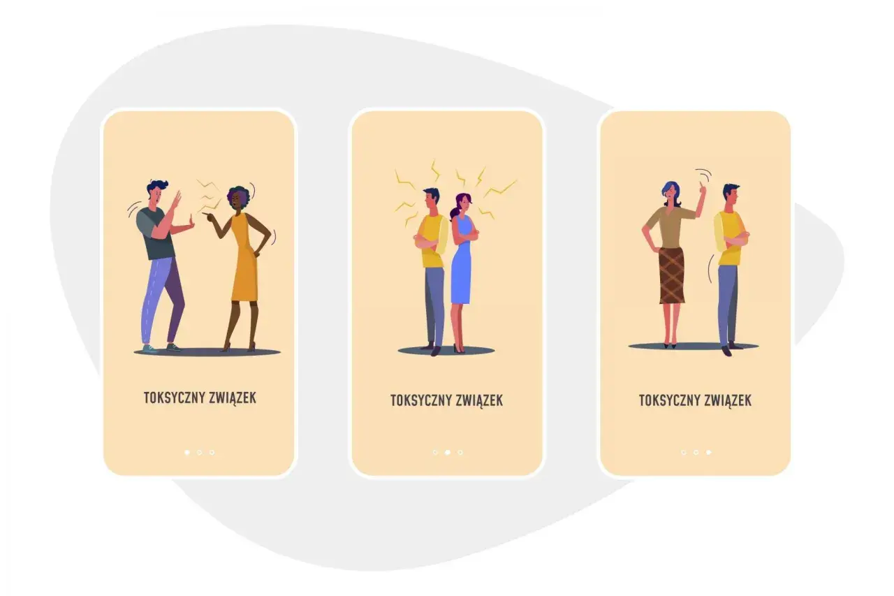 Ilustracje pokazują pary w konflikcie, symbolizujące, że toksyczny facet wraca.