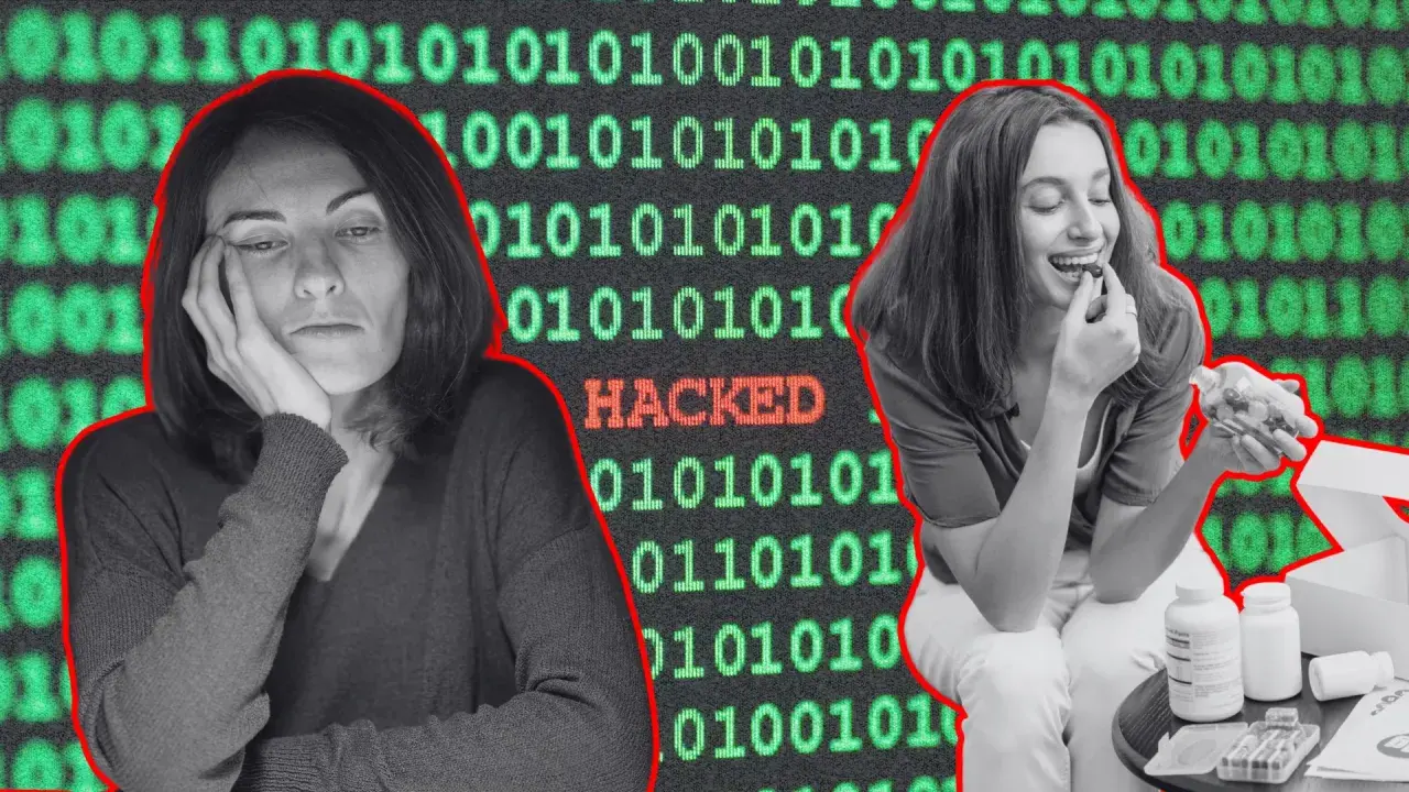 Dwie kobiety na tle kodu binarnego. Jedna znużona, druga je suplementy. Czy to biohacking?