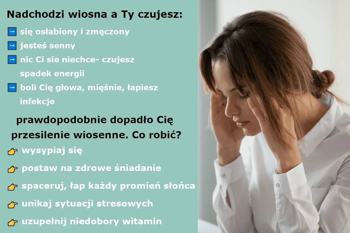 Kobieta z rękami na skroniach, czuje osłabienie, senność i ból głowy. To mogą być objawy przesilenia wiosennego.