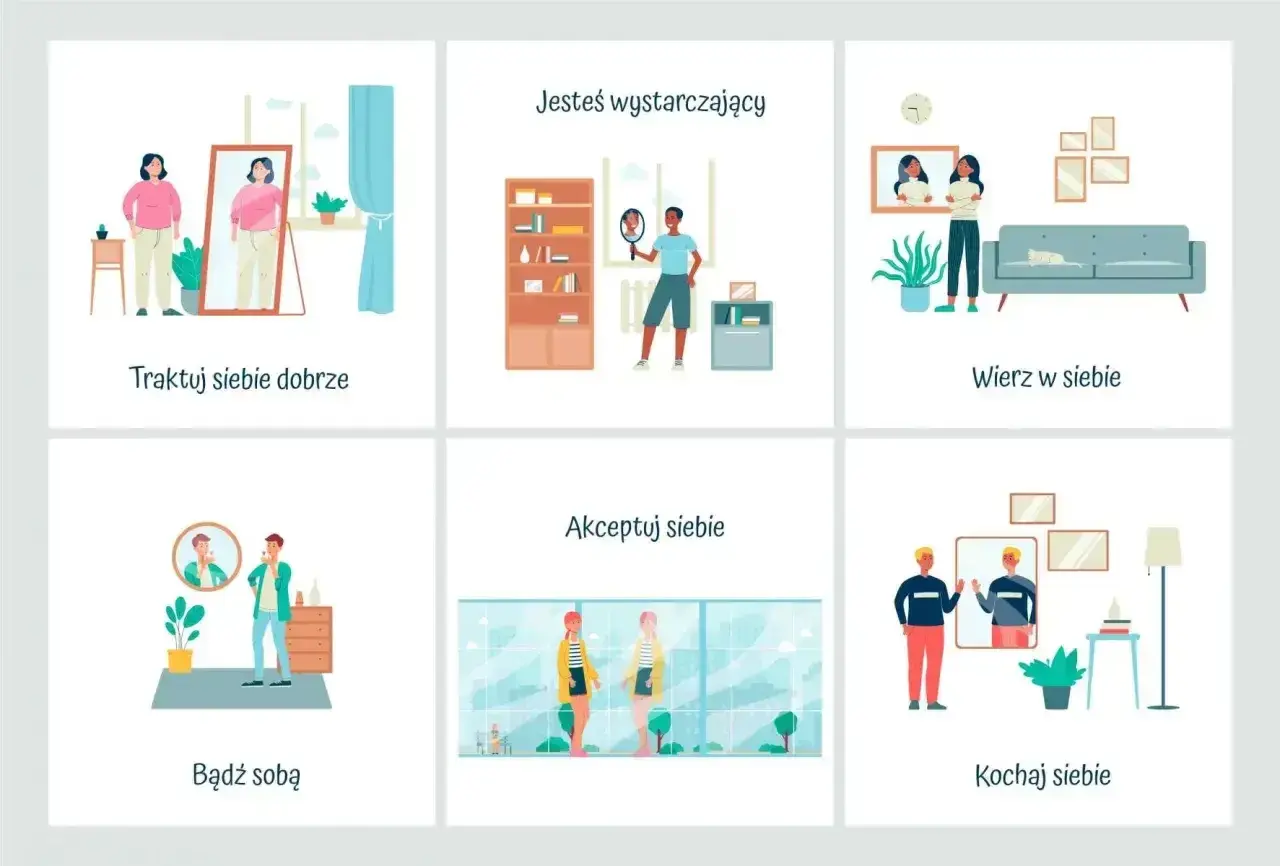 Ilustracje pokazują różne aspekty budowania poczucia własnej wartości: akceptację, wiarę w siebie, traktowanie siebie dobrze, bycie sobą i kochanie siebie.