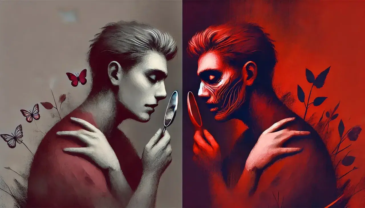 Dwie połówki tej samej twarzy, jedna spokojna, druga przerażona, patrzą w lustro. Proces akceptacji i kochać siebie.
