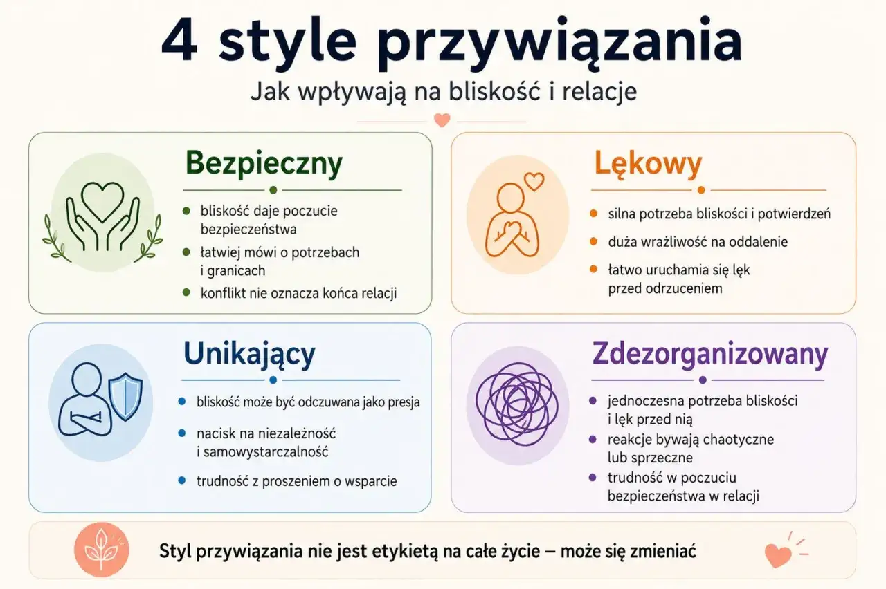 4 style przywiązania: bezpieczny, lękowy, unikający, zdezorganizowany. Dowiedz się, jak zmienić styl przywiązania, by budować zdrowsze relacje.