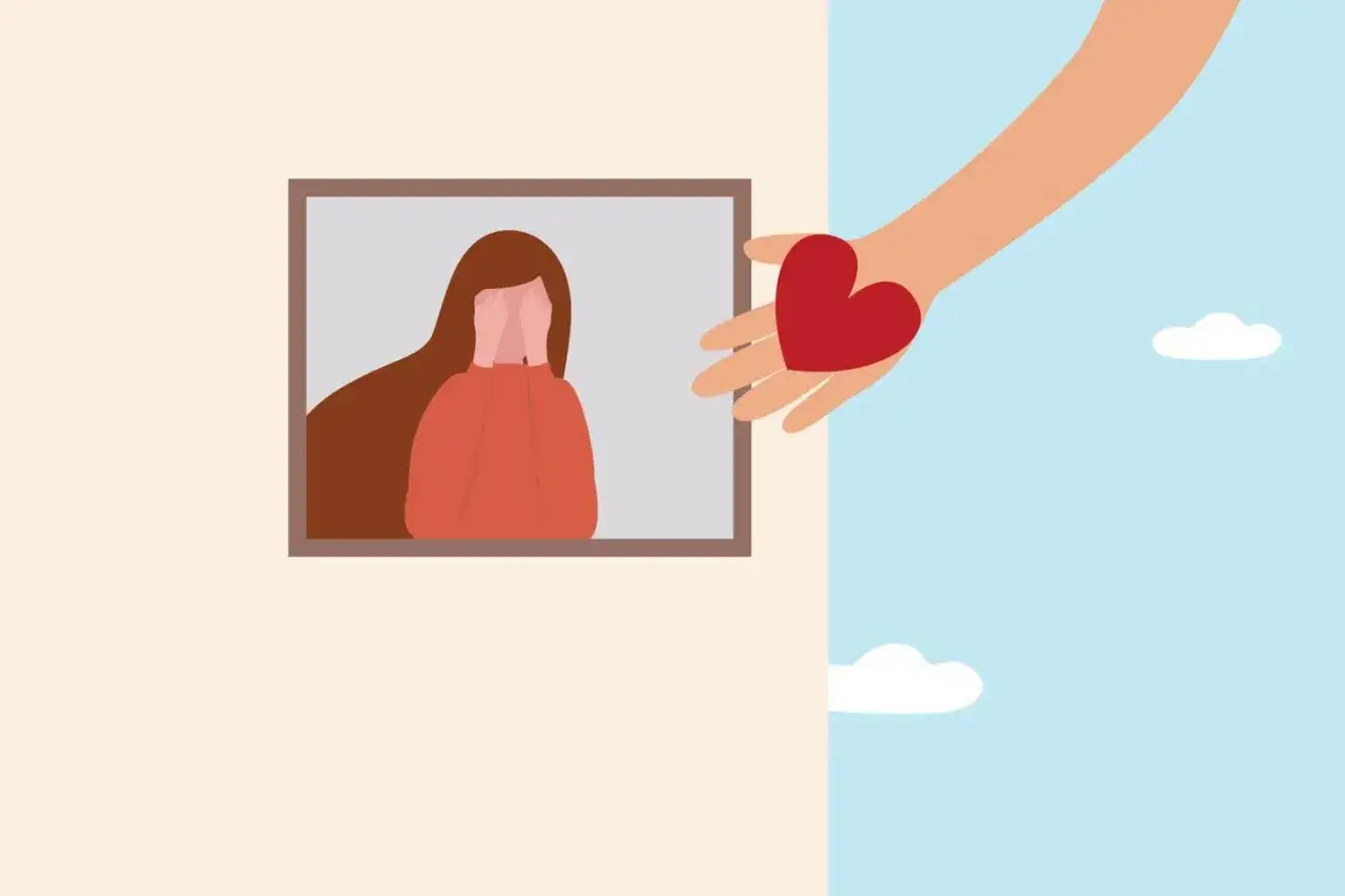 Smutna dziewczyna w oknie, której ktoś podaje serce. Ilustracja o tym, jak poradzić sobie z rozstaniem i znaleźć wsparcie.