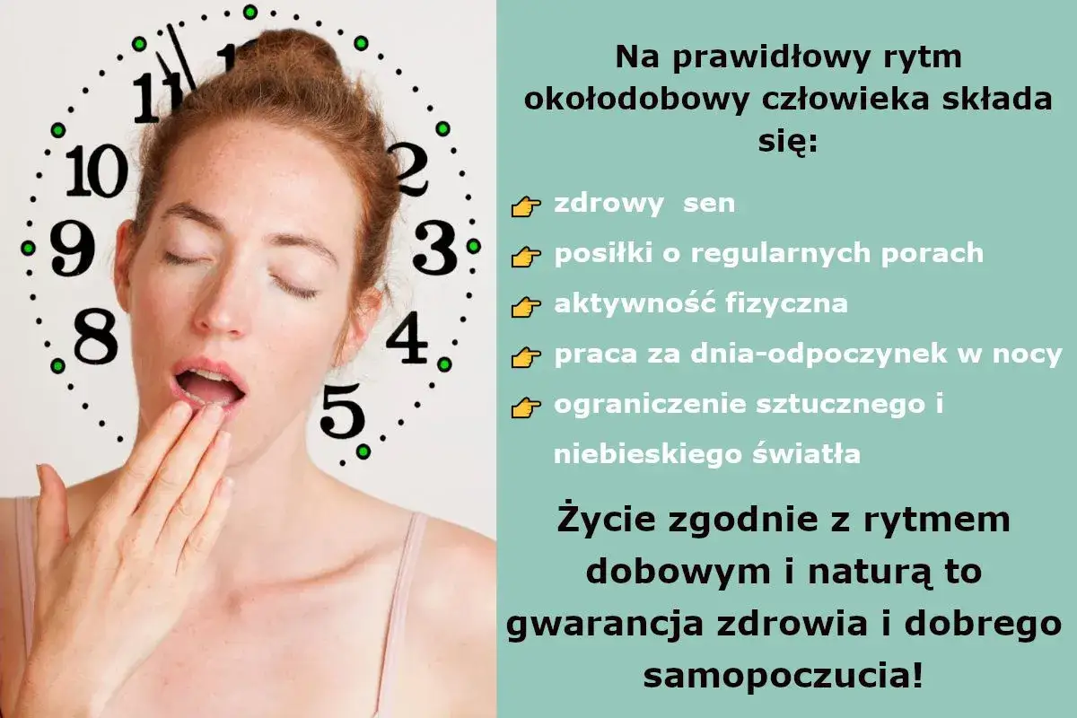 Kobieta ziewa, sugerując problemy ze snem. Obok zegar i lista wskazówek dotyczących zdrowego rytmu dobowego.