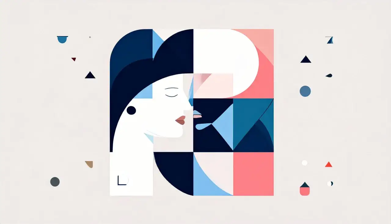 Abstrakcyjny portret kobiety z geometrycznymi elementami, symbolizujący różne odcienie stylu przywiązania w związku.