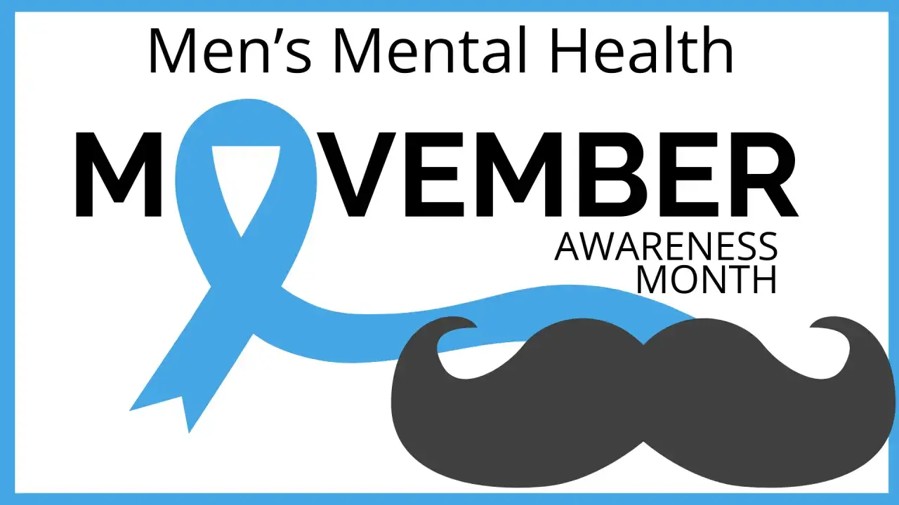 Movember to miesiąc świadomości zdrowia psychicznego mężczyzn. Grafika przedstawia niebieską wstążkę i wąsy.