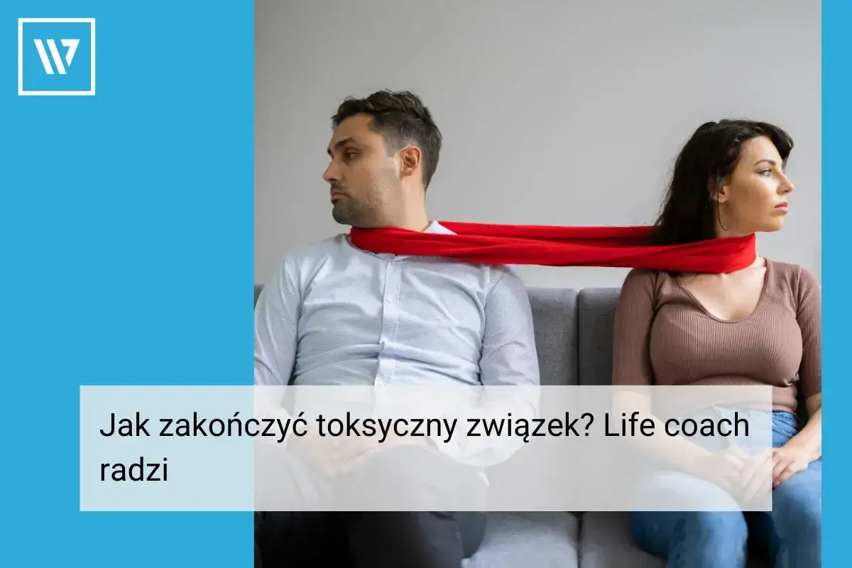 Para siedzi odwrócona od siebie, połączona czerwonym szalem. Czy toksyczny facet wraca? Life coach radzi, jak zakończyć toksyczny związek.