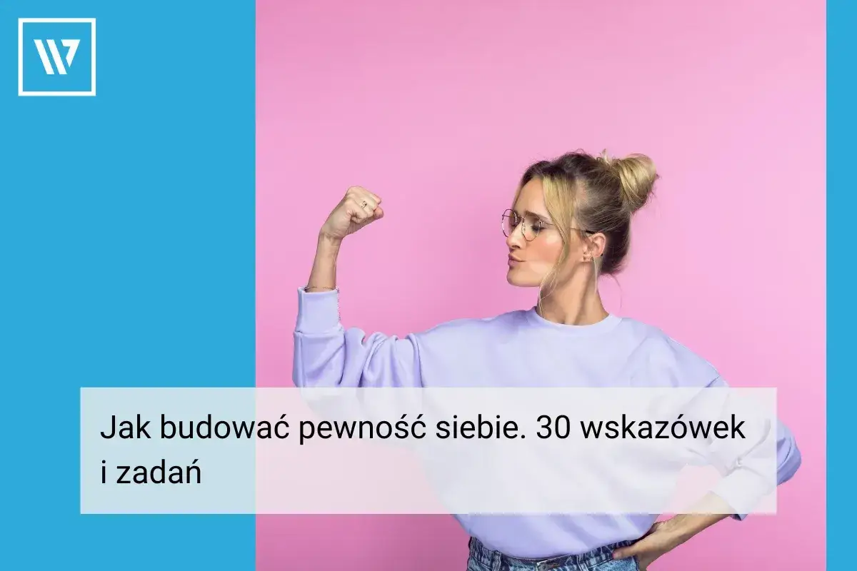 Kobieta z uniesionym ramieniem pokazuje siłę i pewność siebie. Tekst: