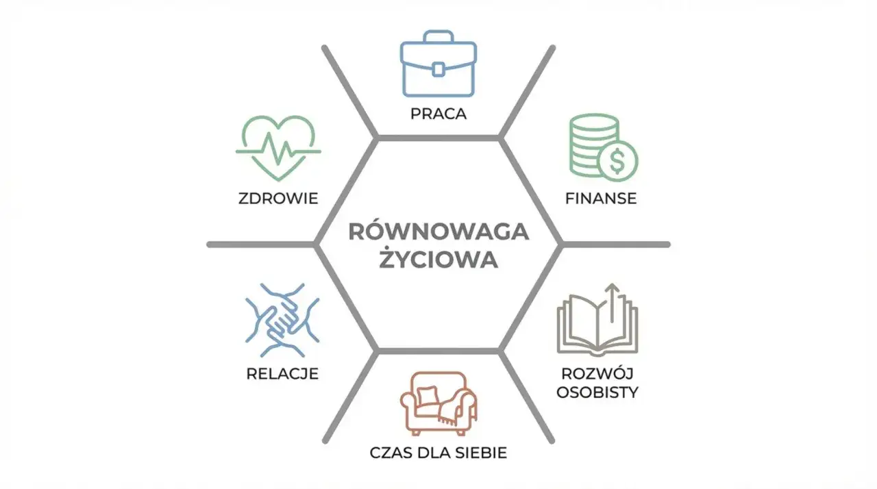 Diagram równowagi życiowej: praca, finanse, rozwój osobisty, czas dla siebie, relacje, zdrowie. Klucz do sukcesu to self coaching.