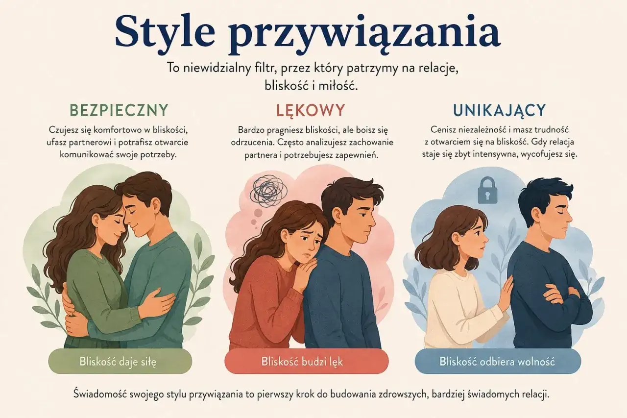 Styl lękowo unikający: para odwraca się od siebie, kobieta z niepewnością, mężczyzna z dystansem. Bliskość odbiera wolność.