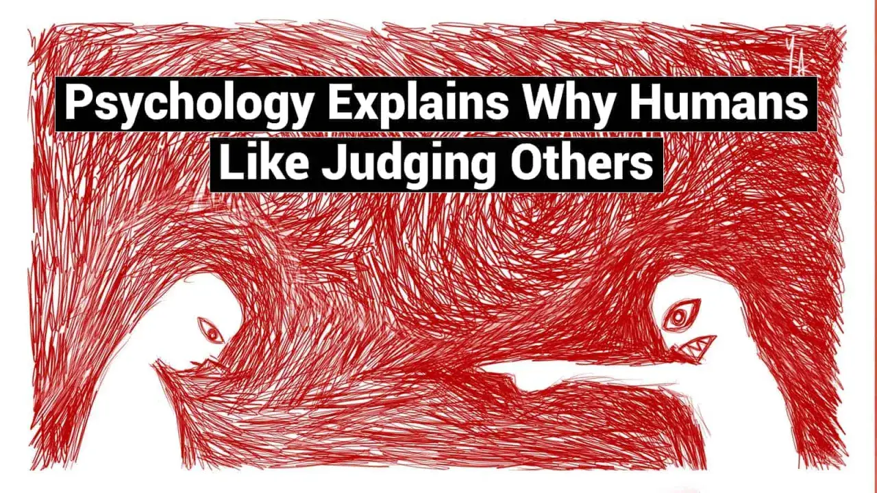 Psychologia wyjaśnia, dlaczego ludzie lubią ocenianie innych. Dwie postacie w czerwonym chaosie, jedna wskazuje palcem.