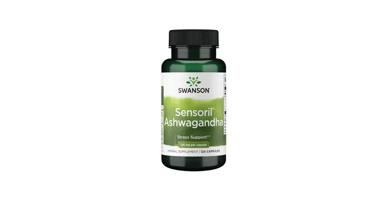 Butelka suplementu Swanson Sensoril Ashwagandha na stres. 120 kapsułek, 125 mg ashwagandhy na kapsułkę.